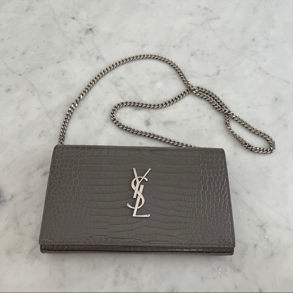 YSL Gray Croc Embossed Chain Wallet